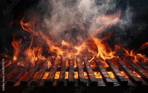 A dynamic image of a wooden grill engulfed in flames, with smoke billowing upwards, and ample space for text or design in the empty area of the grill