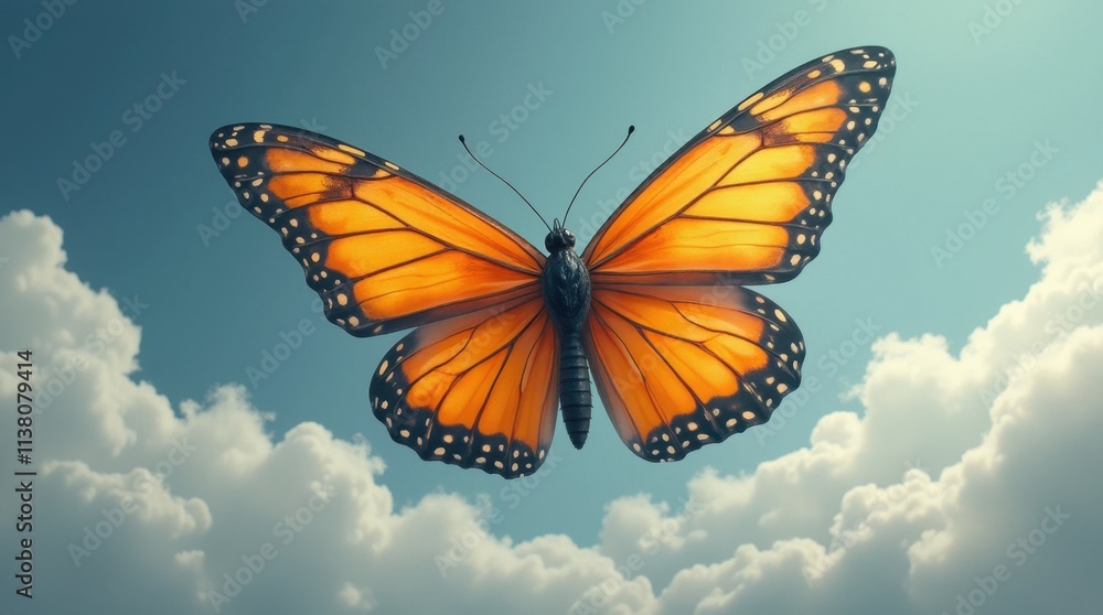 Fototapeta premium A Wistful Butterfly in a Dark Silver and Orange Cloudy Landscape