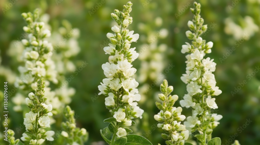 Blooming white flowers with soft focus in a green meadow showcasing the beauty of nature and the challenges of invasive plant species Blooming white flowers with soft focus in a green meadow showcasing the beauty of nature and the challenges of invasive plant species