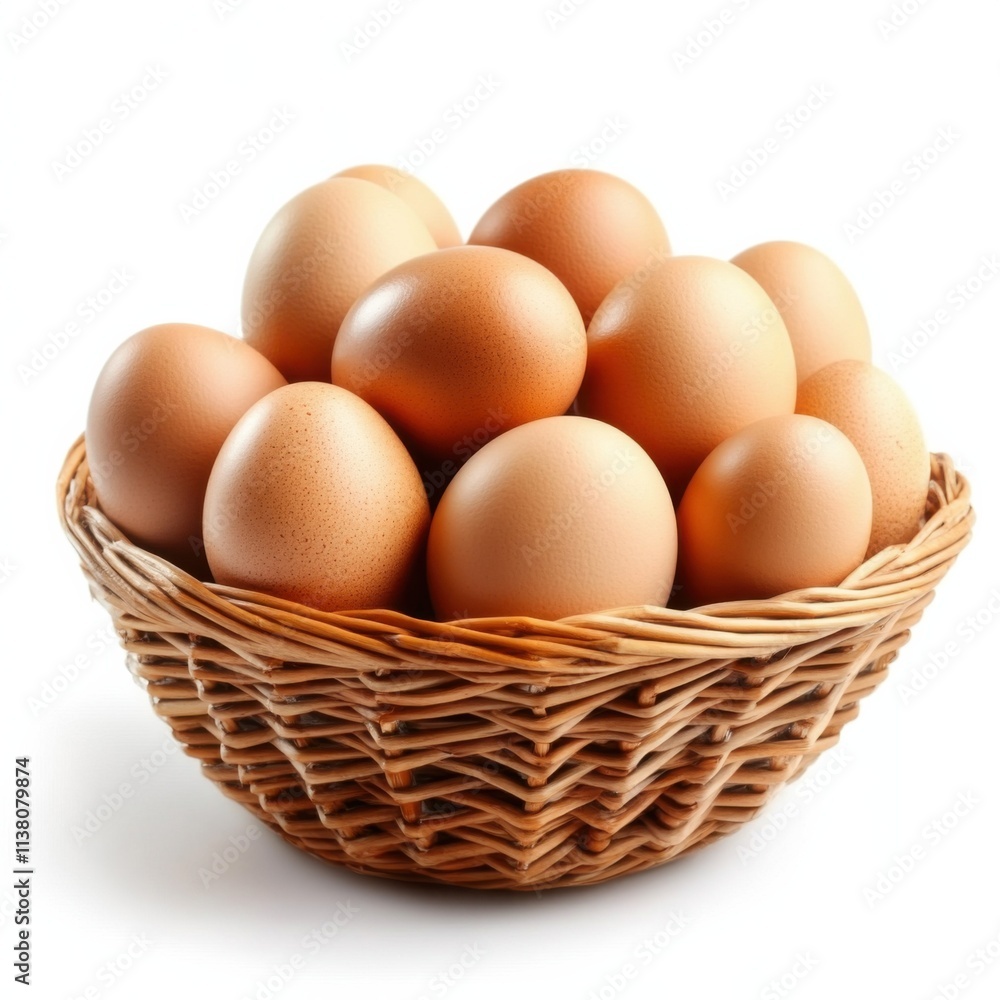 Fresh brown eggs in wicker basket isolated on white background for culinary use or farm fresh marketing Fresh brown eggs in wicker basket isolated on white background for culinary use or farm fresh marketing