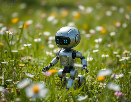 A small, friendly robot walking through a serene meadow filled with flowers