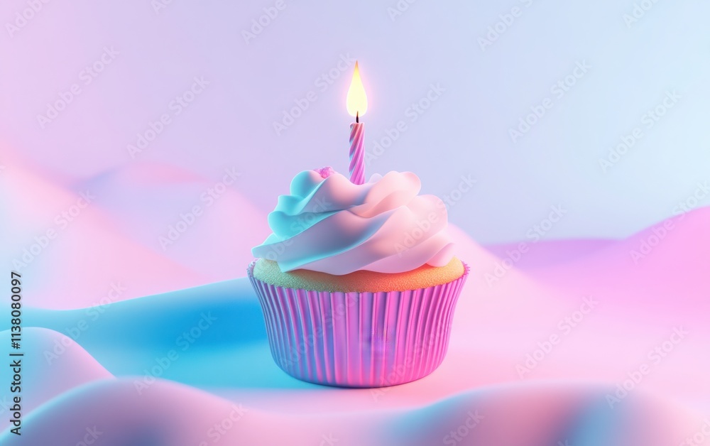 A vibrant, 3D-rendered birthday cupcake with a burning candle, set on a pastel-colored background with blue and pink hues softly fading at the edges A vibrant, 3D-rendered birthday cupcake with a burning candle, set on a pastel-colored background with blue and pink hues softly fading at the edges