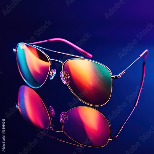 Aviator sunglasses with iridescent lenses reflected on a dark surface. (1) photo