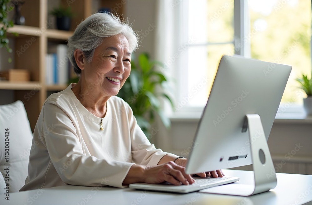 Elderly asian woman at a computer monitor. Adults and modern technology. Online training for pensioners. Old woman on the online conference. Elderly asian woman at a computer monitor. Adults and modern technology. Online training for pensioners. Old woman on the online conference.