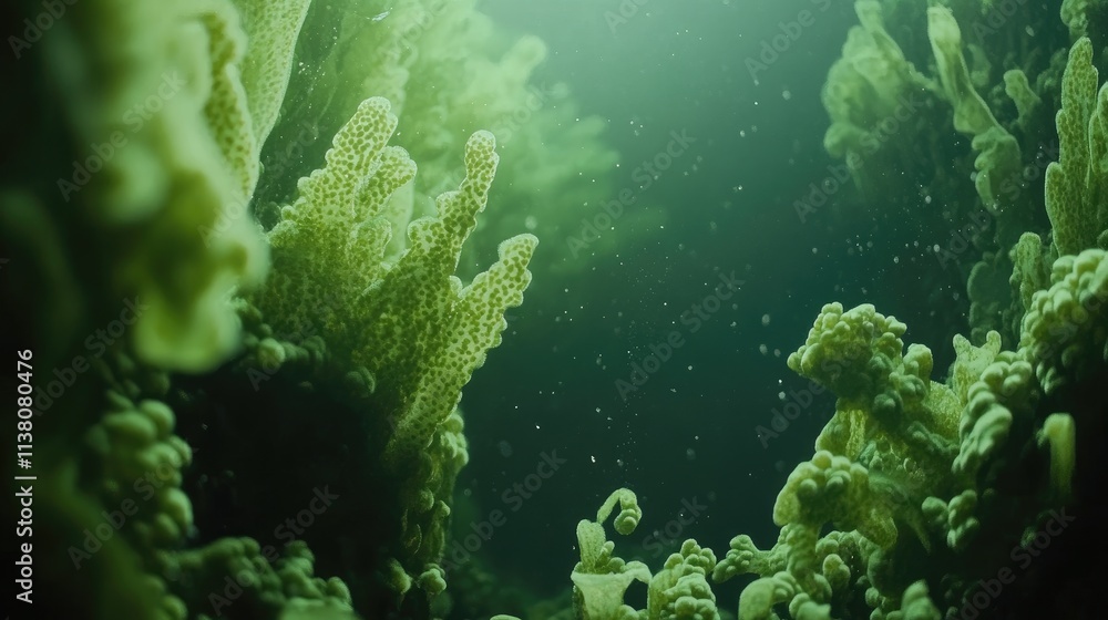 Underwater view of vibrant green algae creating a textured ecosystem with bubbles in a serene aquatic environment Underwater view of vibrant green algae creating a textured ecosystem with bubbles in a serene aquatic environment
