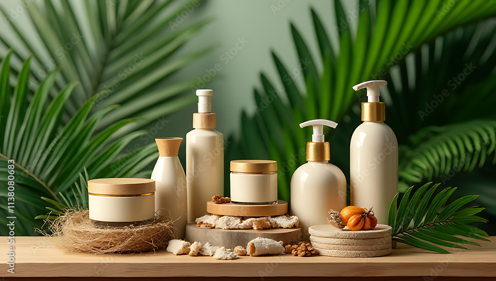 A natural product display is showcased on a wooden table surrounded by a vibrant palm leaf design aesthetic._00002_ A natural product display is showcased on a wooden table surrounded by a vibrant palm leaf design aesthetic._00002_