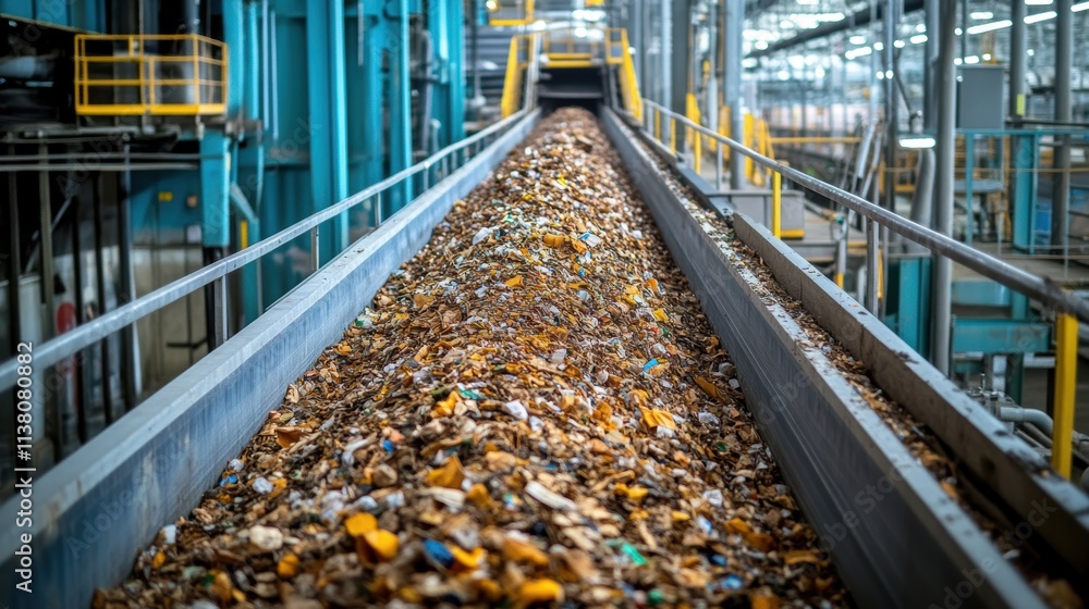 Conveyor belt transporting garbage in a recycling center Conveyor belt transporting garbage in a recycling center