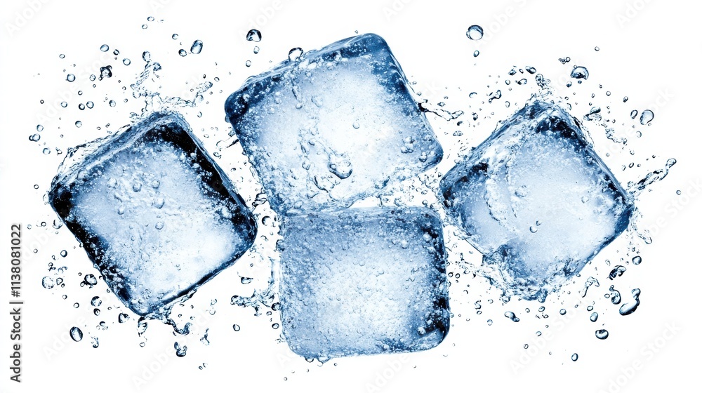 Four ice cubes splash in crystal clear water, creating a refreshing scene perfect for summer or beverage concepts. Four ice cubes splash in crystal clear water, creating a refreshing scene perfect for summer or beverage concepts.