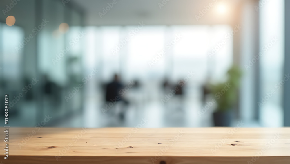 A modern wood table sits atop a blurred white glass wall in an office setting within a large building._00002_ A modern wood table sits atop a blurred white glass wall in an office setting within a large building._00002_