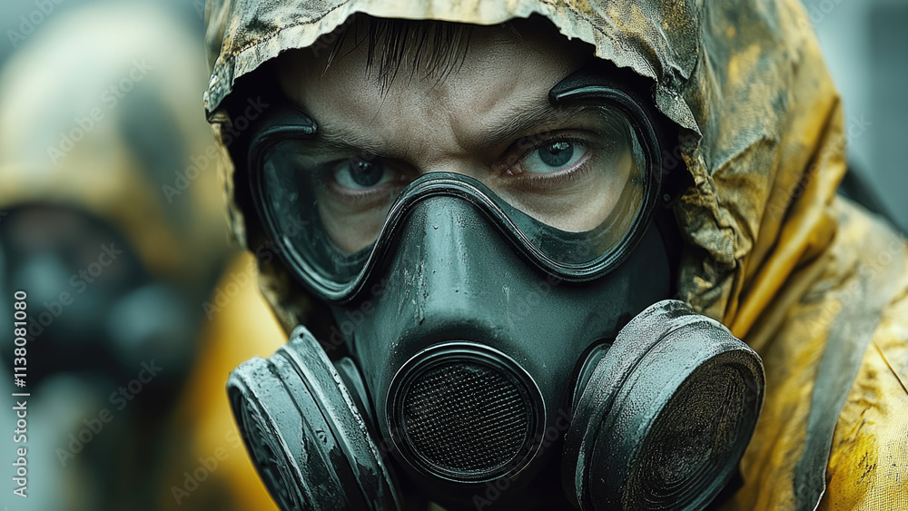 Close-up of a person wearing a protective gas mask and yellow hazmat suit Close-up of a person wearing a protective gas mask and yellow hazmat suit