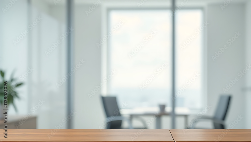 A modern wood table sits atop a blurred white glass wall in an office setting within a large building._00001_ A modern wood table sits atop a blurred white glass wall in an office setting within a large building._00001_