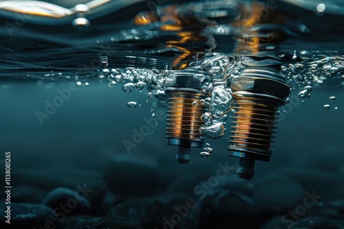 spark plugs immersed in clean water. Conceptual image of car parts and components photo