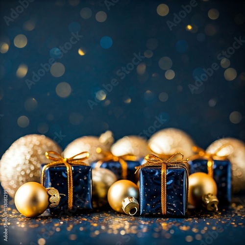 Golden Christmas balls and sparkles on a festive holiday background with seasonal decorations and gifts photo