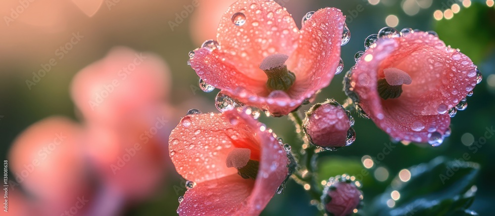 Dew-kissed pink flowers in soft sunlight. (1) Dew-kissed pink flowers in soft sunlight. (1)