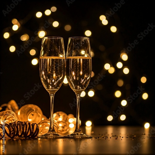 A festive holiday celebration with two glasses of champagne. Christmas celebration. New year celebration. photo