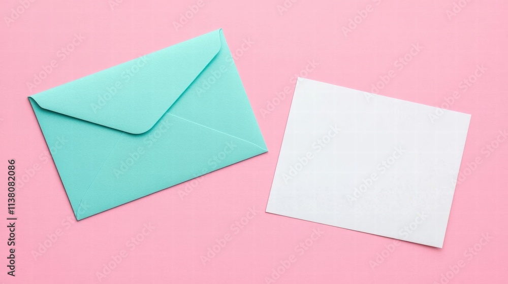A pastel turquoise envelope beside a blank card on a soft pink background, perfect for invitations or greeting messages. A pastel turquoise envelope beside a blank card on a soft pink background, perfect for invitations or greeting messages.