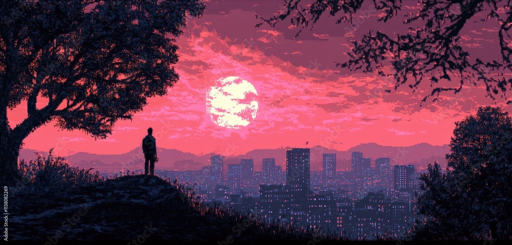 Fototapeta premium Stunning Pixel Art Cityscape at Dusk