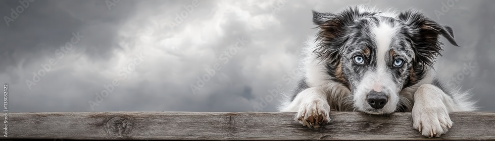 Fototapeta premium A curious dog resting its head on a wooden fence under a dramatic cloudy sky.