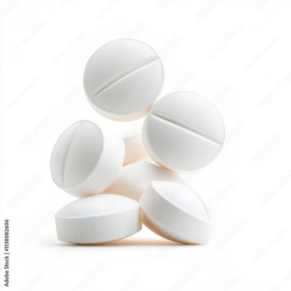Close-up of medicinal tablets surface a clean environment for health product photography, isolated on white background Close-up of medicinal tablets surface a clean environment for health product photography, isolated on white background