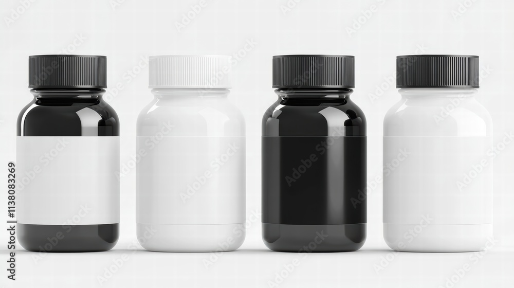 Four generic bottles in black and white, suitable for packaging various products or supplements. Four generic bottles in black and white, suitable for packaging various products or supplements.