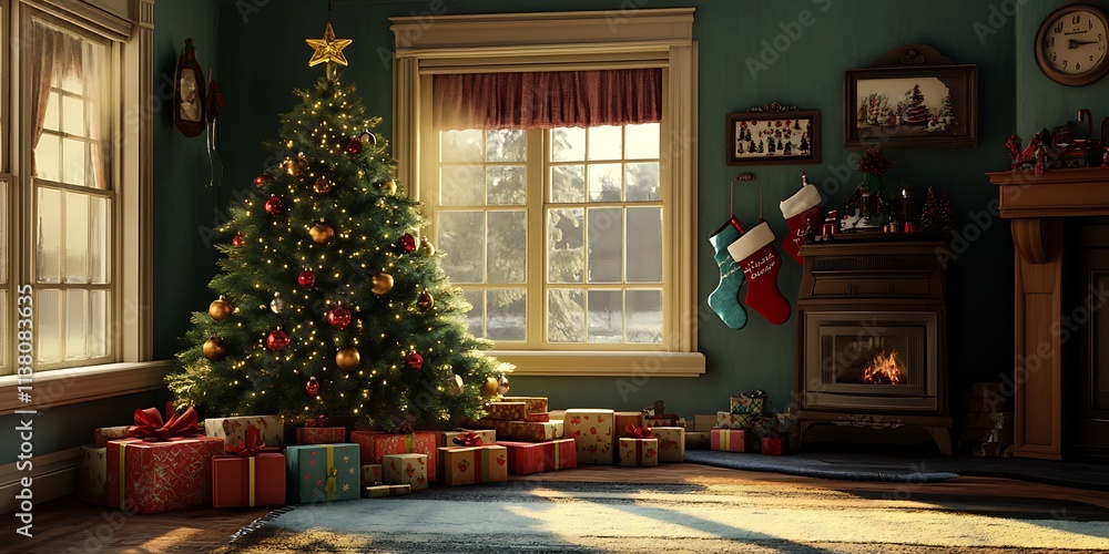 Christmas Tree In Living Room With Presents And Stockings Christmas Tree In Living Room With Presents And Stockings