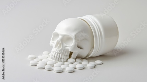 Addictive substances, A bottle of pills spilling out in a skull shape, highlighting the hidden dangers and lethal consequences of misuse.