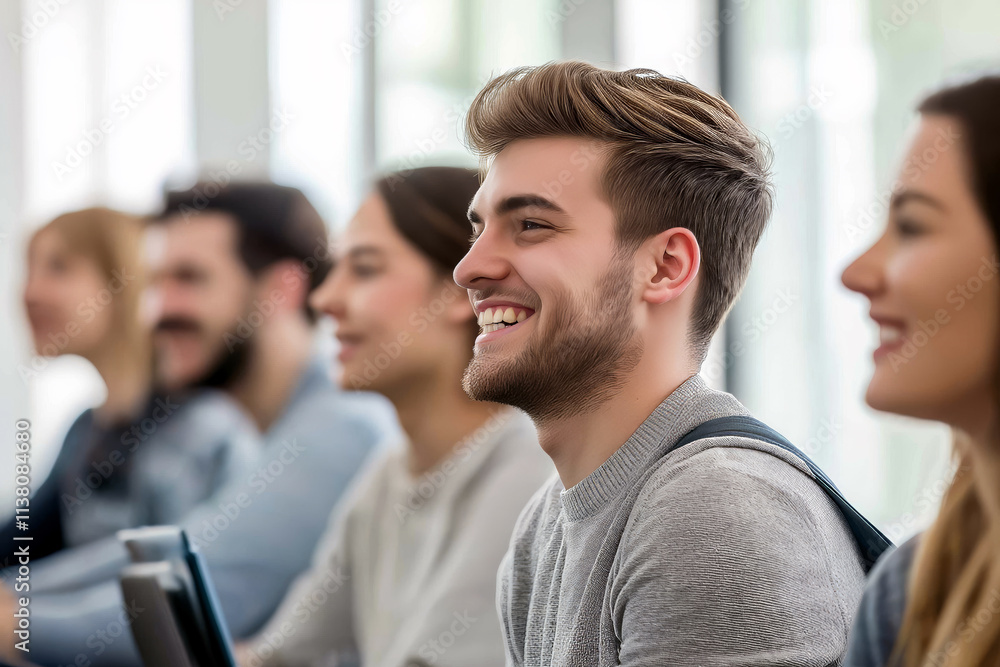 Smiling young man in a casual gray sweater listens attentively during a modern corporative training session, surrounded by engaged and diverse participants in a bright, professional setting. Smiling young man in a casual gray sweater listens attentively during a modern corporative training session, surrounded by engaged and diverse participants in a bright, professional setting.