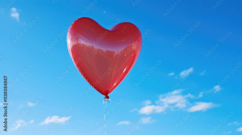 Fototapeta premium Red Heart Balloon Floating Against Clear Blue Sky with White Clouds. Symbolizing love, joy, love and celebrations. Valentine's Day. Wedding Anniversary. World Balloon Day. 