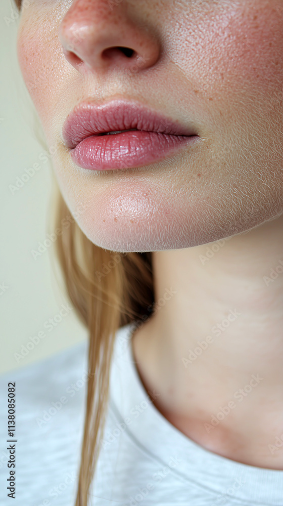 Obraz premium closeup lips soft skin neutral background beauty cosmetics natural skincare editorial clean luxury portrait vertical format