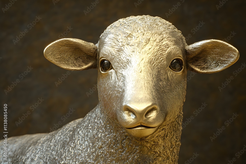 A close-up of a golden sheep sculpture with detailed features. A close-up of a golden sheep sculpture with detailed features.
