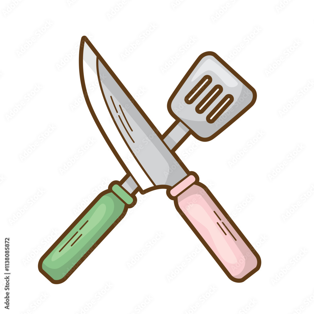 Crossed kitchen knife and spatula. Perfect for food blogs, restaurant menus, cooking websites, and kitchenware advertisements
Crossed kitchen knife and spatula. Perfect for food blogs, restaurant menus, cooking websites, and kitchenware advertisements