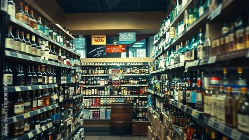 Liquor Store Aisle: A glimpse down the rows of a well-stocked liquor store, showcasing a diverse selection of bottles, with a wooden barrel adding a touch of rustic charm.  