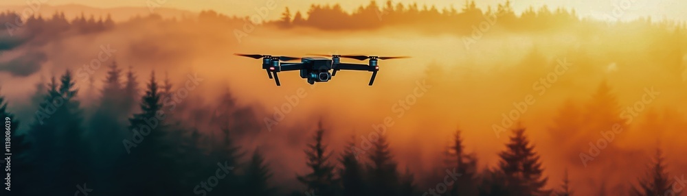 Aerial technology, A drone flying over a misty forest during sunset, capturing stunning aerial views of nature. Aerial technology, A drone flying over a misty forest during sunset, capturing stunning aerial views of nature.