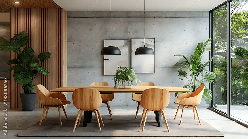 Fototapeta premium Modern Wooden Dining Area with Concrete Walls and Large Windows