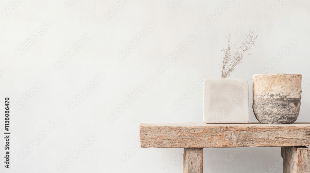 Minimalist Still Life Wooden Artifacts and Textured Pottery in Soft Light Minimalist Still Life Wooden Artifacts and Textured Pottery in Soft Light