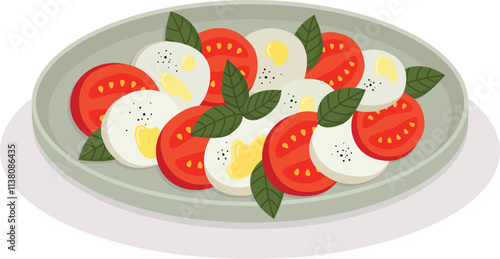 Classic Italian salad Caprese with mozzarella, tomato and basil leaves. Hand drawn illustration with national dish on a plate