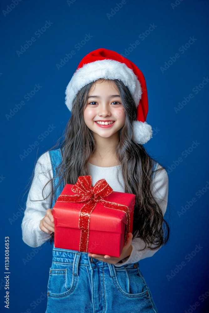 Isolated white white teen girl in red santa hat with gift box in hands, on blue background. Copyspace. Blue festive decor. Kid christmas joy. Santa studio photography. Santa hat gift. Isolated white white teen girl in red santa hat with gift box in hands, on blue background. Copyspace. Blue festive decor. Kid christmas joy. Santa studio photography. Santa hat gift.
