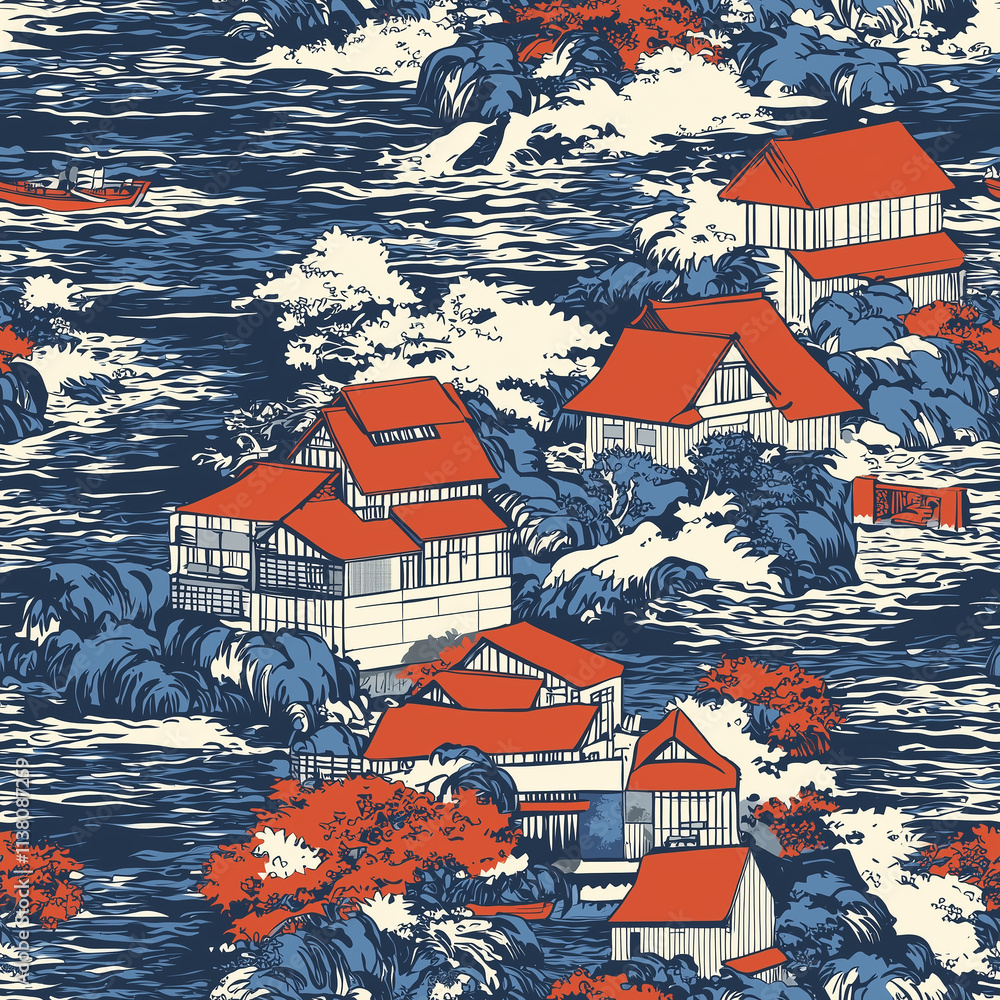 Naklejka premium Seamless pattern of traditional chinese architecture celebrating lunar new year serene landscape digital artwork vibrant colors