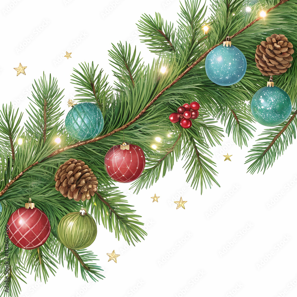 Christmas frame with pine branches, sparkling ornaments in red, gold, and blue, pinecones, on a white background Christmas frame with pine branches, sparkling ornaments in red, gold, and blue, pinecones, on a white background