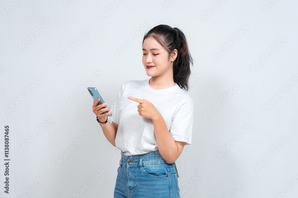 A portrait of a cheerful Asian woman looking at her smartphone over white background A portrait of a cheerful Asian woman looking at her smartphone over white background