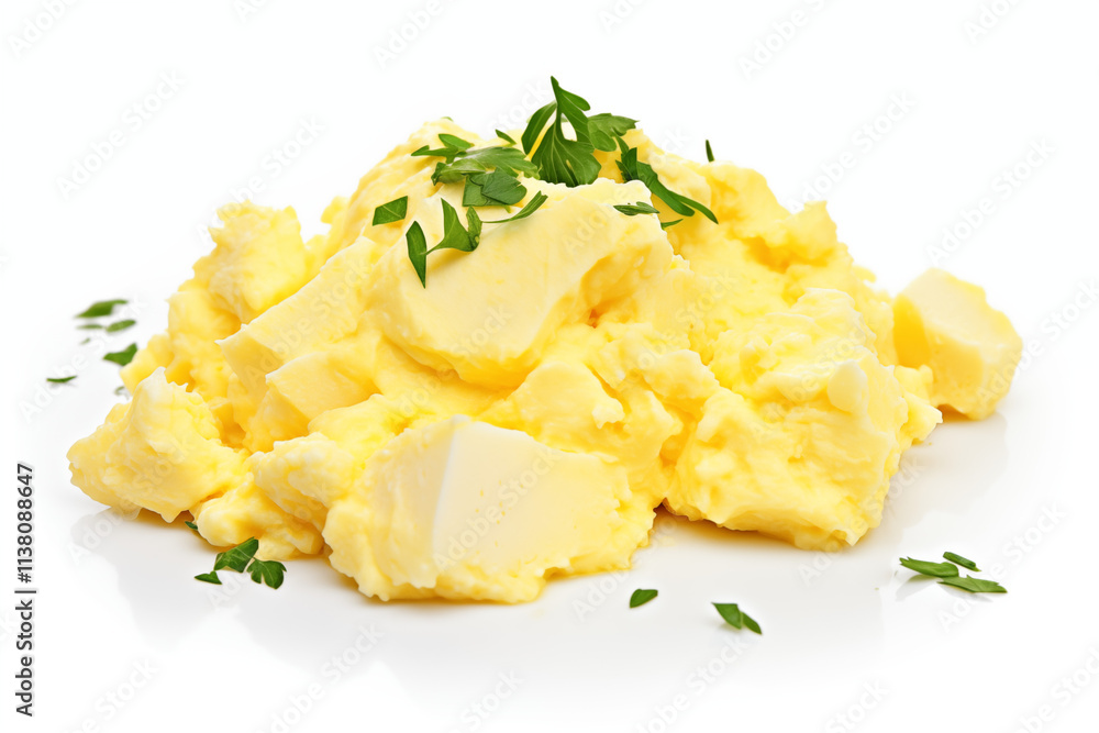Freshly prepared and healthy scrambled yellow eggs, cooked to perfection, displayed on a white background. Ideal for breakfast, brunch, and nutritious meal options, showcasing a simple and appetizing Freshly prepared and healthy scrambled yellow eggs, cooked to perfection, displayed on a white background. Ideal for breakfast, brunch, and nutritious meal options, showcasing a simple and appetizing