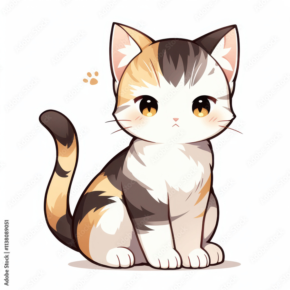 Obraz premium An adorable cartoon calico cat with large eyes, sitting calmly and featuring a mix of orange, black, and white fur.