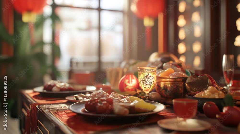 Naklejka premium Festive table served for Chinese New Year celebration in dining room