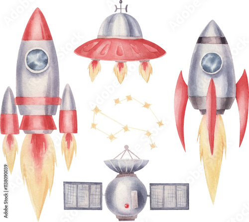 Watercolor vector set illustration of rockets and UFO and satellite and constellations.