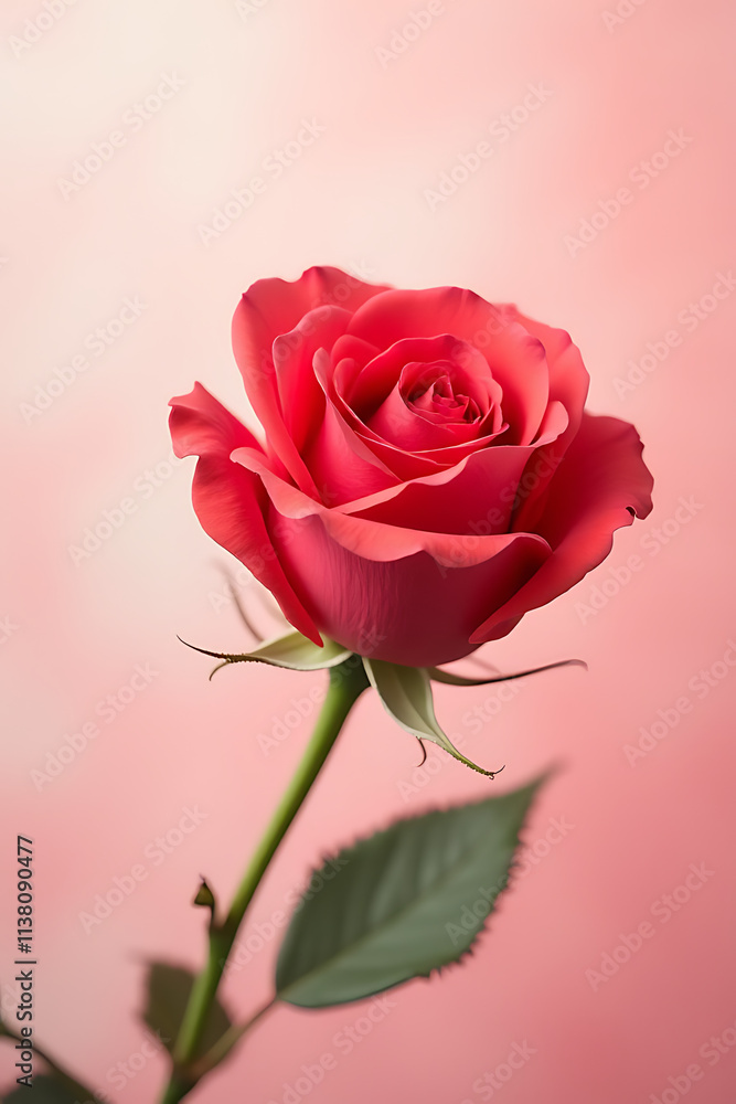 A delicate red rose blooms on a soft pastel colored background evoking emotions of love and tender romance._00001_ A delicate red rose blooms on a soft pastel colored background evoking emotions of love and tender romance._00001_