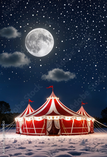 retro circus tent at night with snow around
