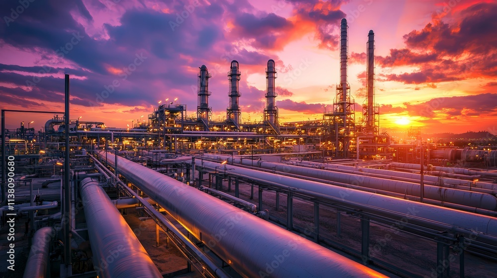 Industrial sunset over oil refinery cityscape photography urban environment wide-angle view energy production concept Industrial sunset over oil refinery cityscape photography urban environment wide-angle view energy production concept