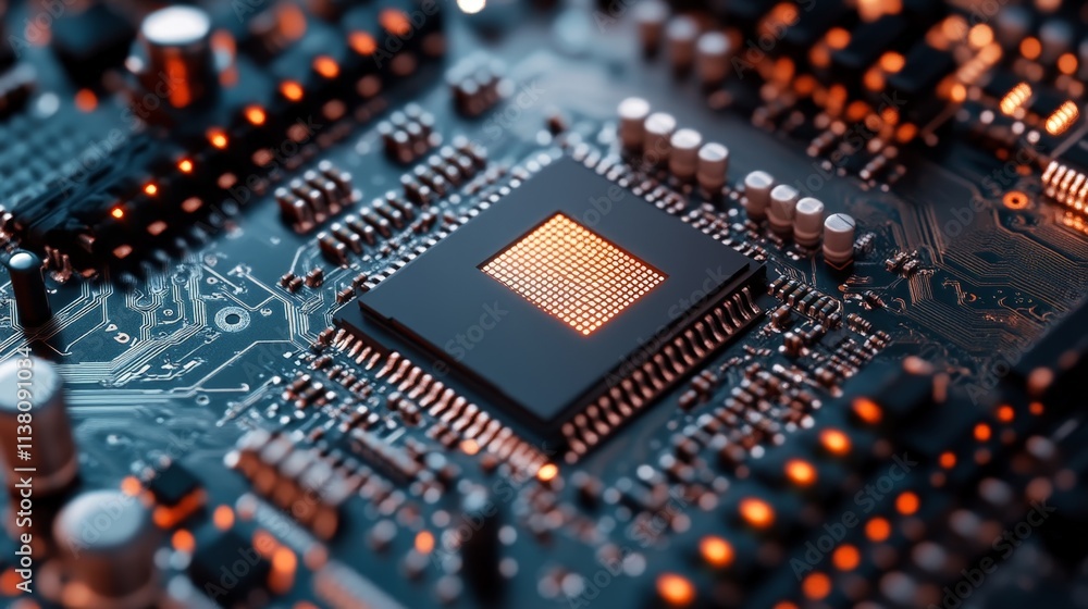 Futuristic AI Chip on Circuit Board Close-Up Futuristic AI Chip on Circuit Board Close-Up