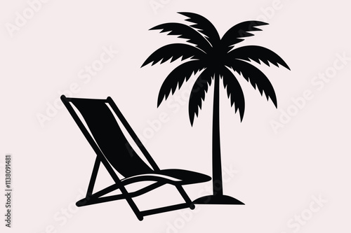 beach scene, tropical vacation, silhouette, palm tree, deck chair, lounger, minimalist design, black and white.