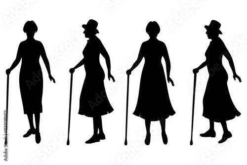 silhouette of old woman walking. vector illustration.